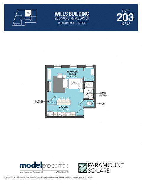 Floor plan for studio, 1 bath, 497 sqft
